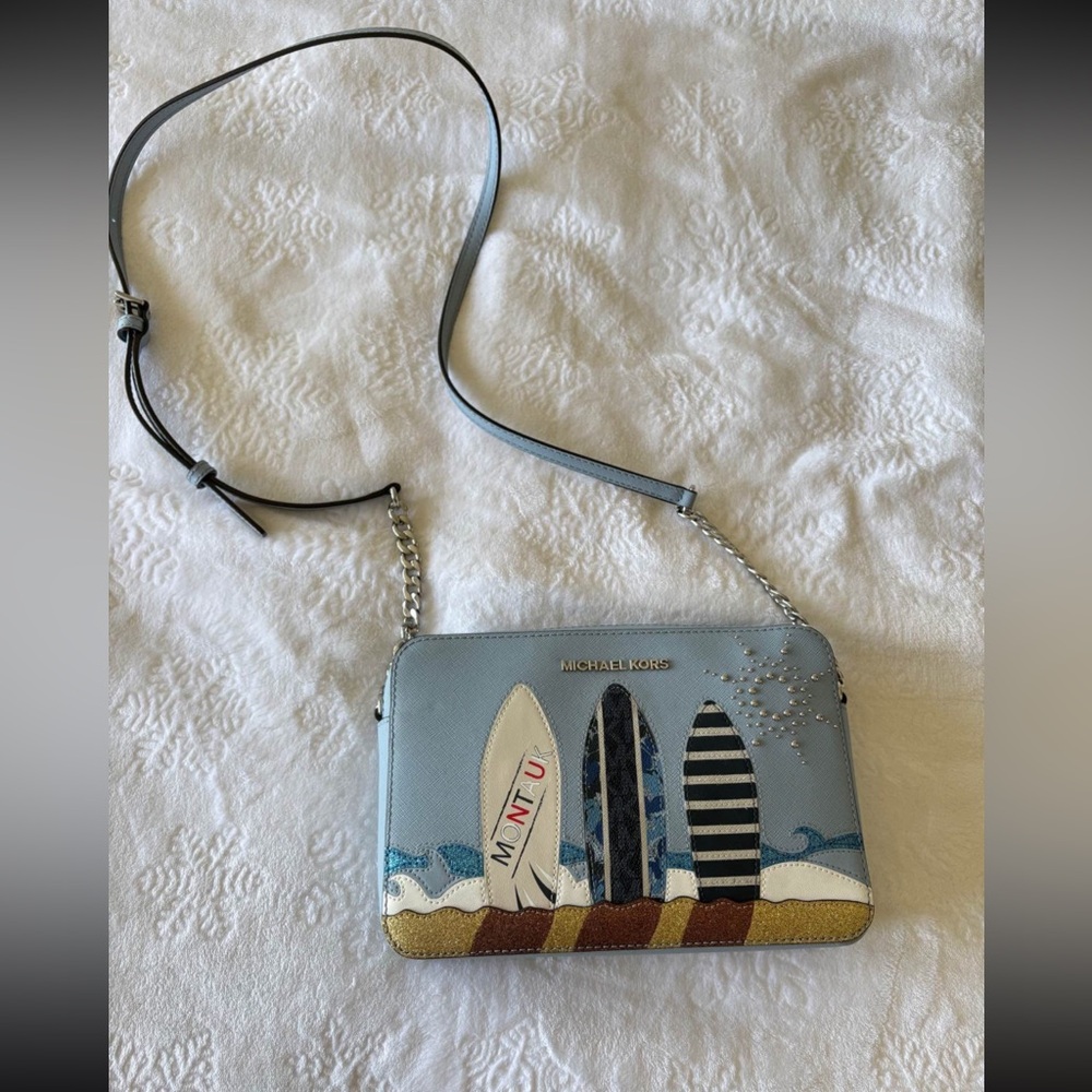 Michael Kors Blue and White Crossbody Bag with Surfboard Design